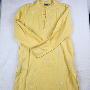 Fabindia Yellow Cotton Kurta Embroidered Mandarin Collar Pockets  12-14 Yrs